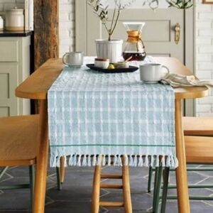 Hearth & Hand Tri-Striped Plaid Dobby Cotton Blues & Cream Table Runner Fringes